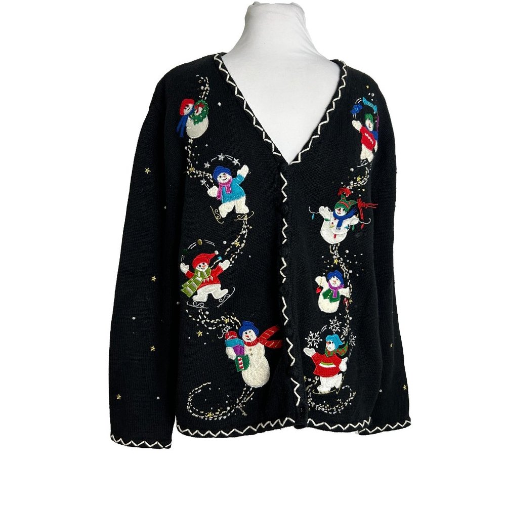 Designer Originals Studio Joy Cardigan Sweater Size XL Christmas Snowman Skating